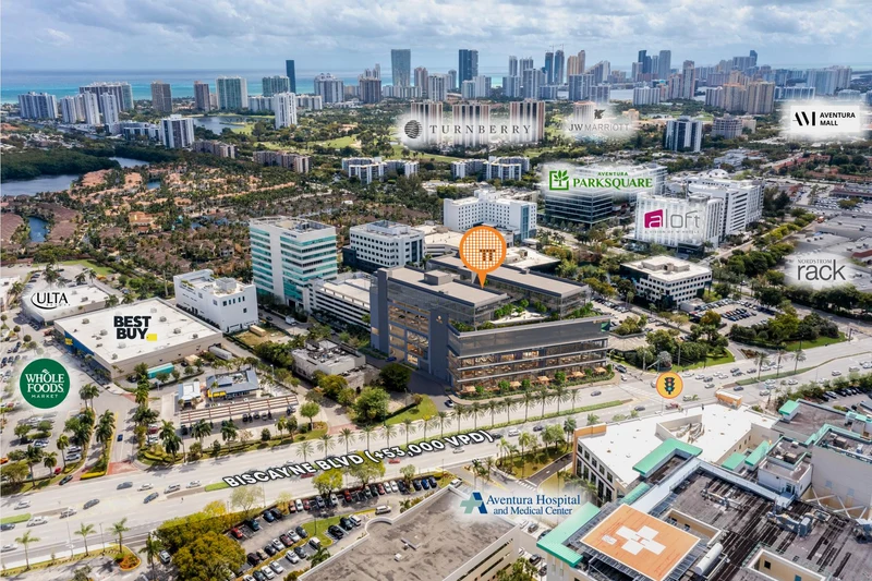 Aerial view of the Centtral Aventura site on Biscayne Boulevard, with Aventura Hospital, Aventura Mall, Turnberry and the ocean around it
