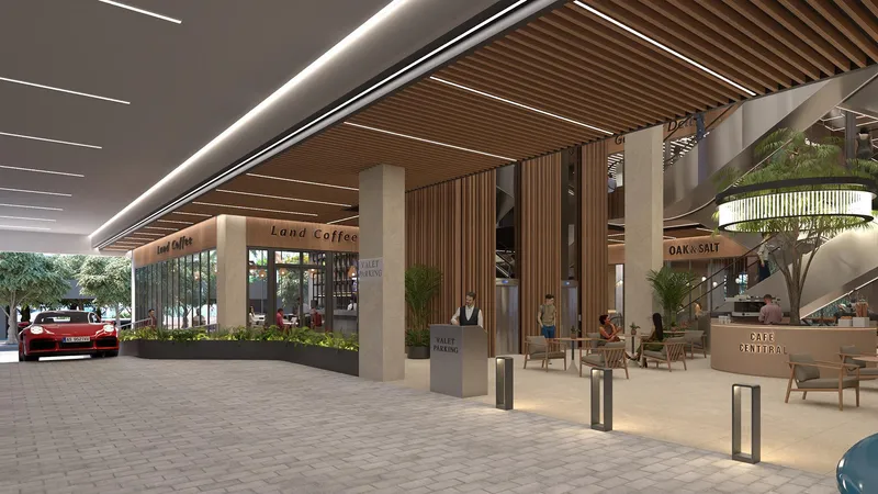 Rendering of the covered valet arrival at Centtral Aventura, with a café and the atrium beyond