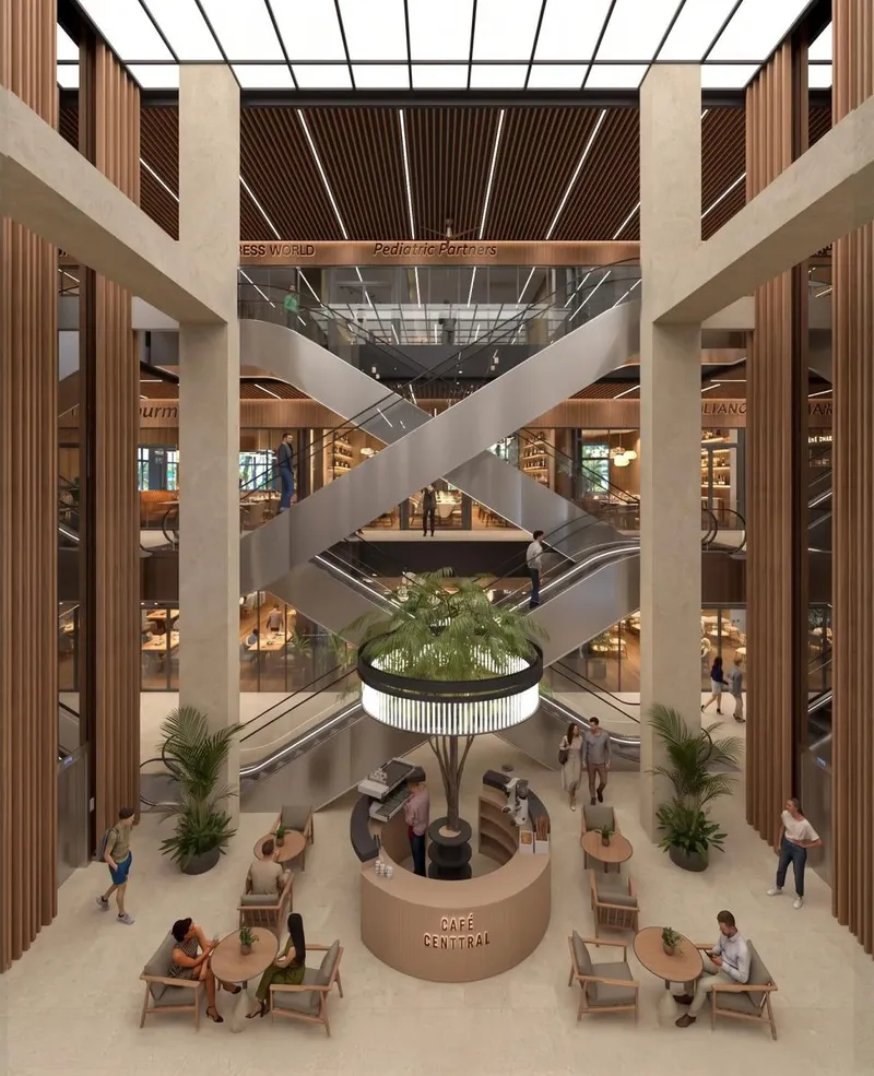 Rendering of the Centtral Aventura atrium from above, with escalators crossing three retail floors