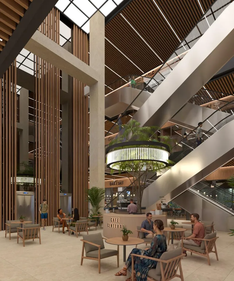 Rendering of the atrium seating and escalators at Centtral Aventura