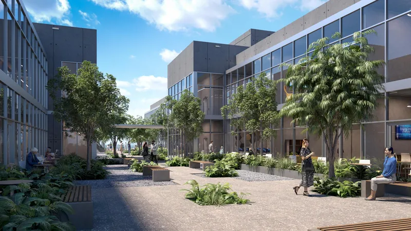 Rendering of the landscaped courtyard between the two office towers at Centtral Aventura