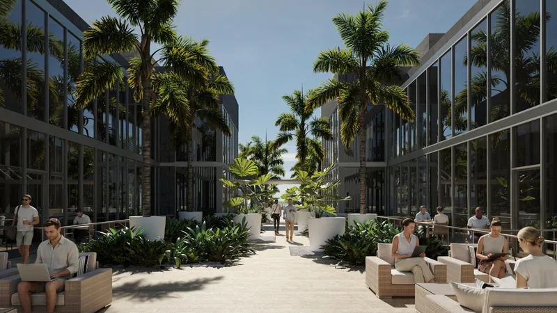 Rendering of lounge seating under palms in the office courtyard at Centtral Aventura