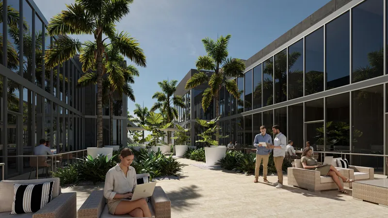 Rendering of people working outdoors in the office courtyard at Centtral Aventura