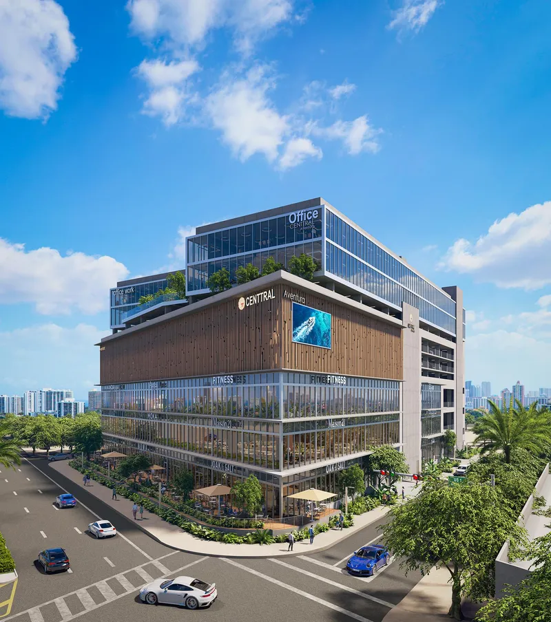 Rendering of Centtral Aventura from above the corner of Biscayne Boulevard: three glass retail floors, a wood-screened garage and two office towers on top