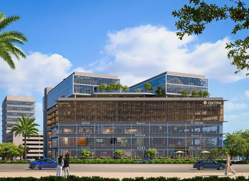 Rendering of the front of Centtral Aventura: three retail floors under a wood screen, with the two office towers and a roof garden above