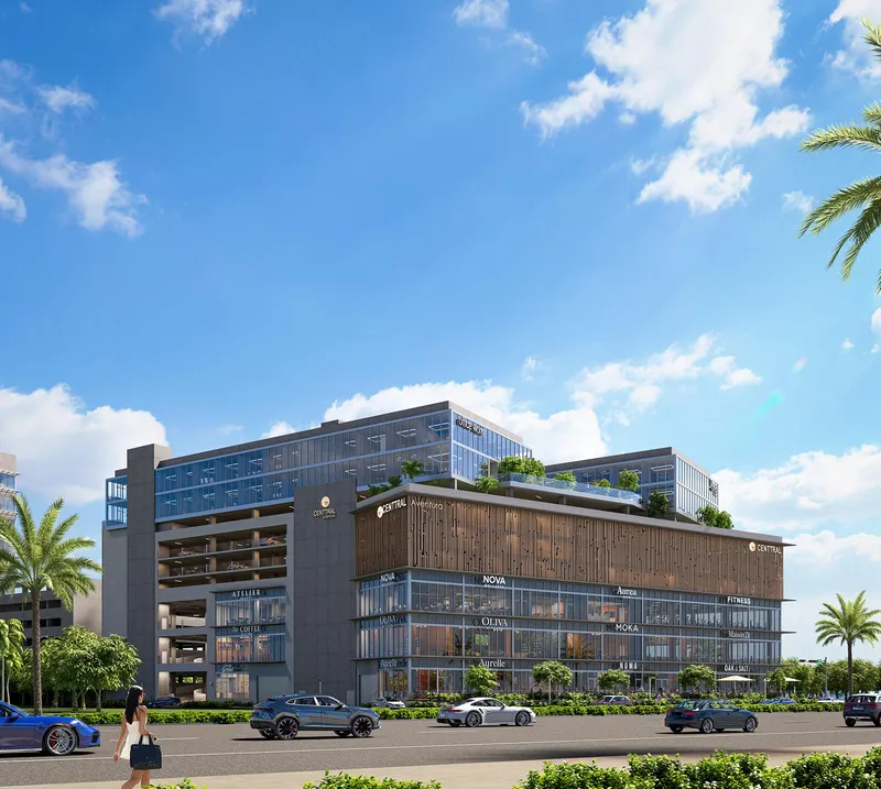 Rendering of the side of Centtral Aventura showing the garage levels and the office towers above the retail floors