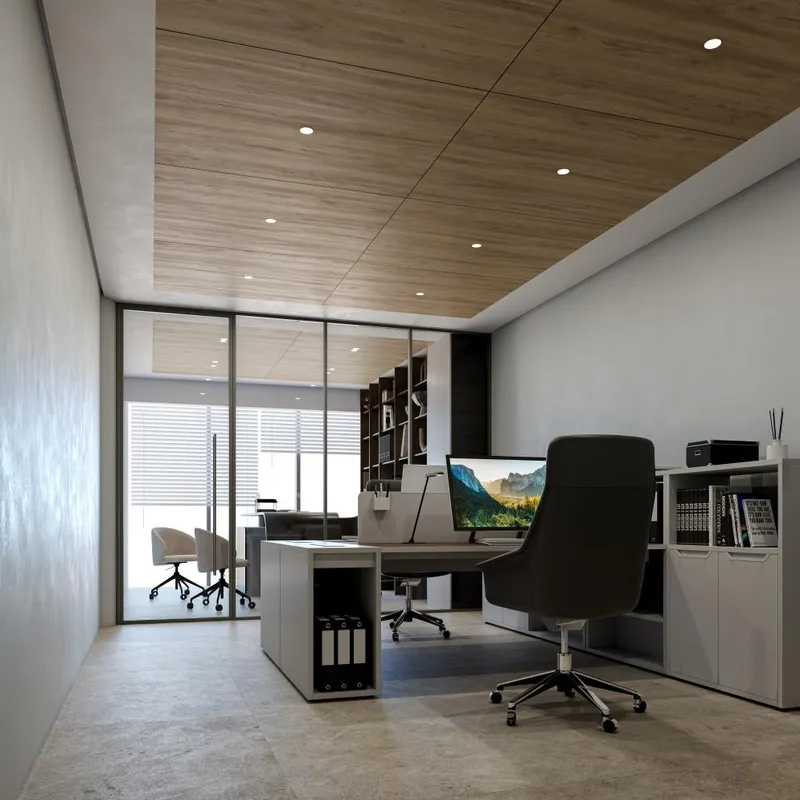 Rendering of a private office suite at Centtral Aventura with light walls and a wood ceiling