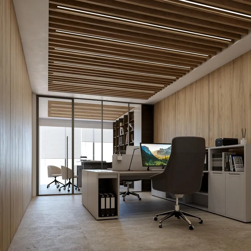 Rendering of a private office suite at Centtral Aventura with wood wall and ceiling finishes