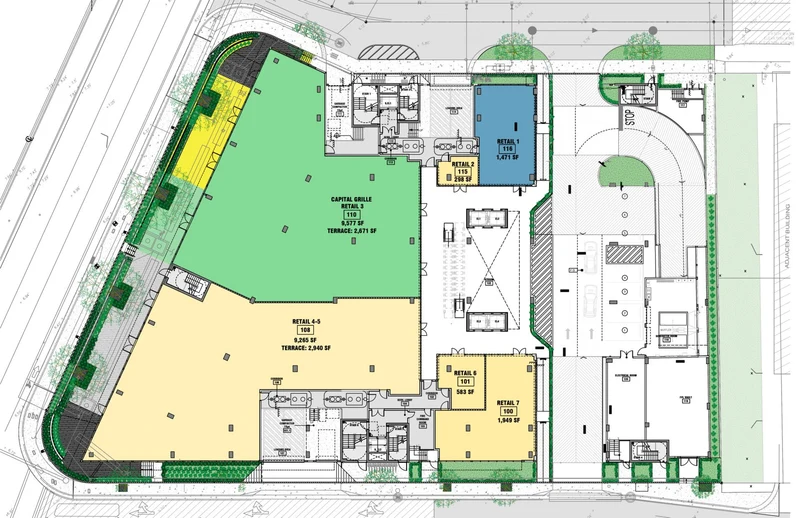 Centtral Aventura ground-floor retail plan, colored by leasing status