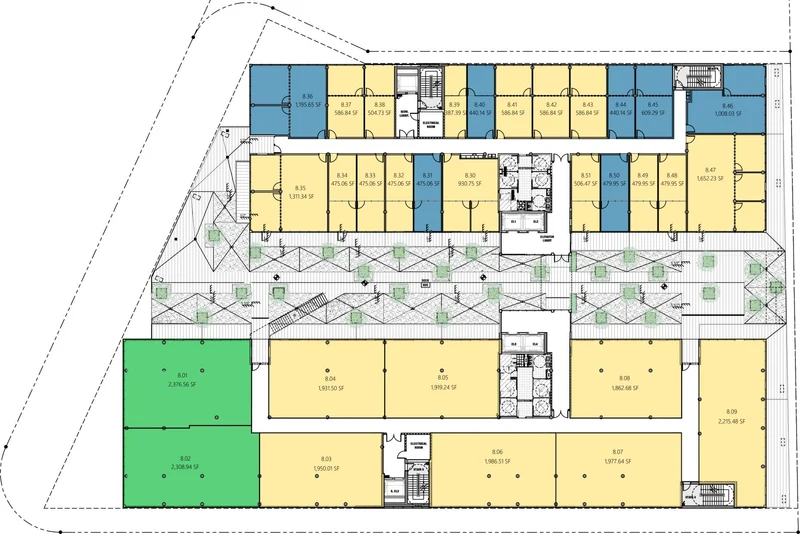 Centtral Aventura eighth-floor office plan, North and South towers, colored by leasing status