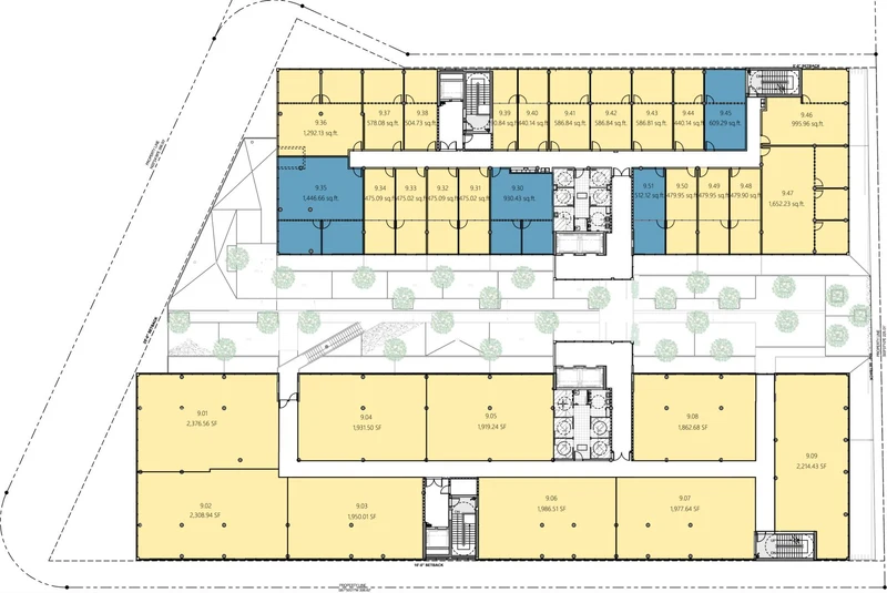Centtral Aventura ninth-floor office plan, North and South towers, colored by leasing status