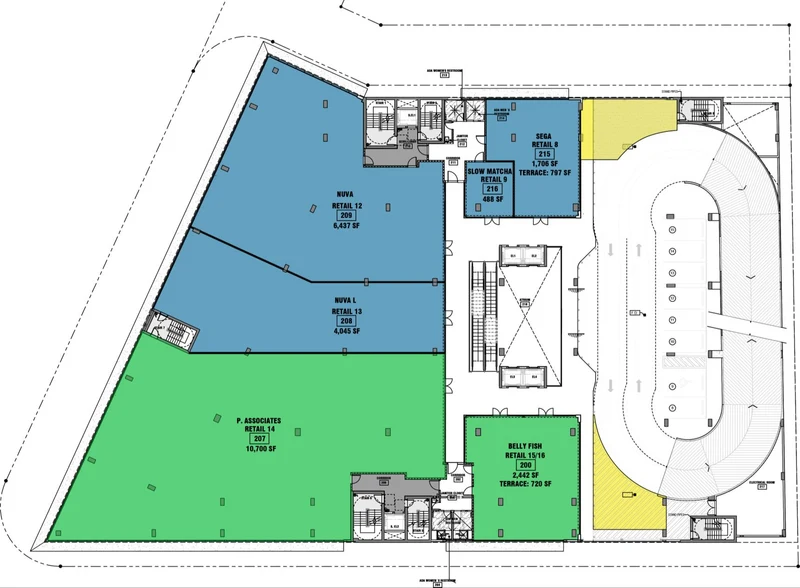 Centtral Aventura second-floor retail plan, colored by leasing status