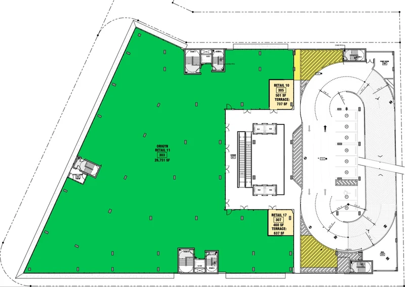 Centtral Aventura third-floor retail plan, colored by leasing status