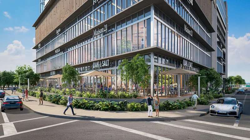 Rendering of the ground-floor corner of Centtral Aventura with a restaurant terrace under umbrellas
