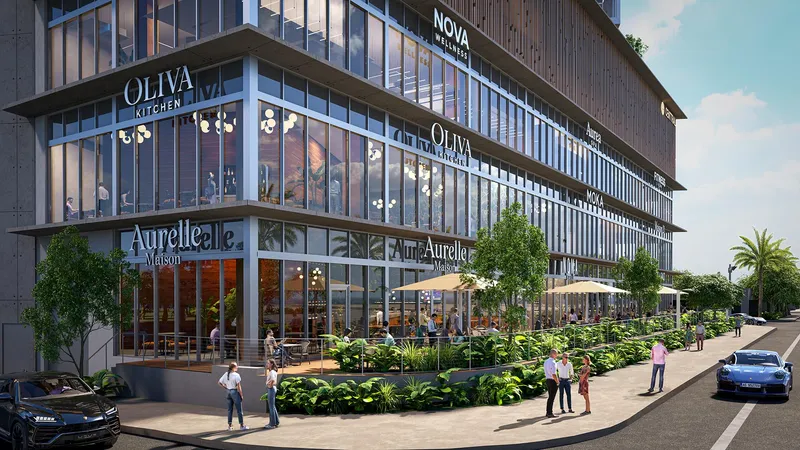 Rendering of storefronts and a planted dining terrace along the sidewalk at Centtral Aventura