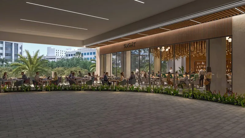Rendering of a restaurant and its terrace at Centtral Aventura in the evening