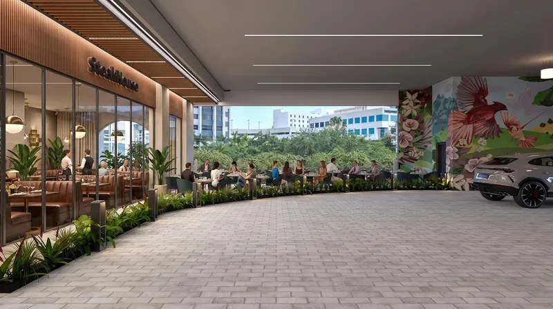 Rendering of a restaurant terrace beside a mural at Centtral Aventura