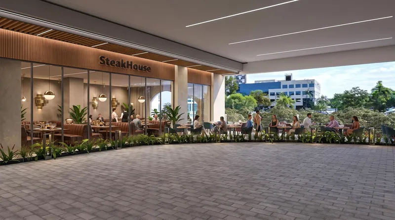 Rendering of a restaurant frontage and outdoor seating at Centtral Aventura