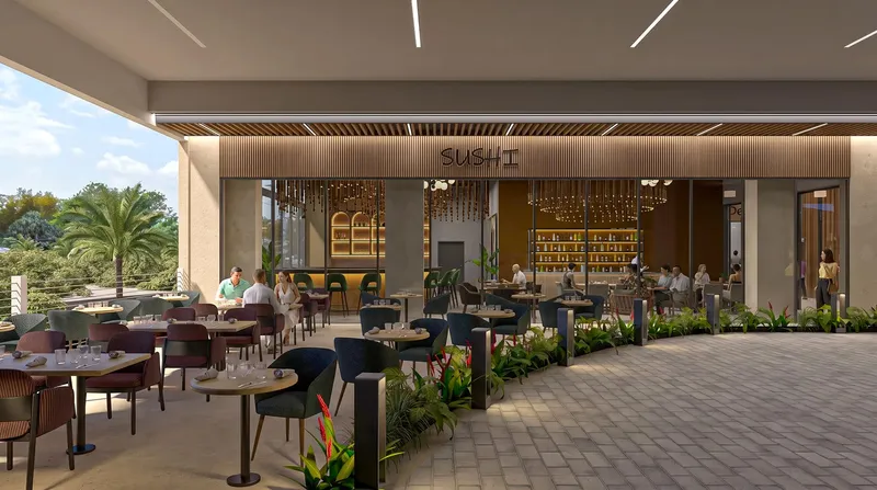 Rendering of outdoor tables in front of a restaurant at Centtral Aventura