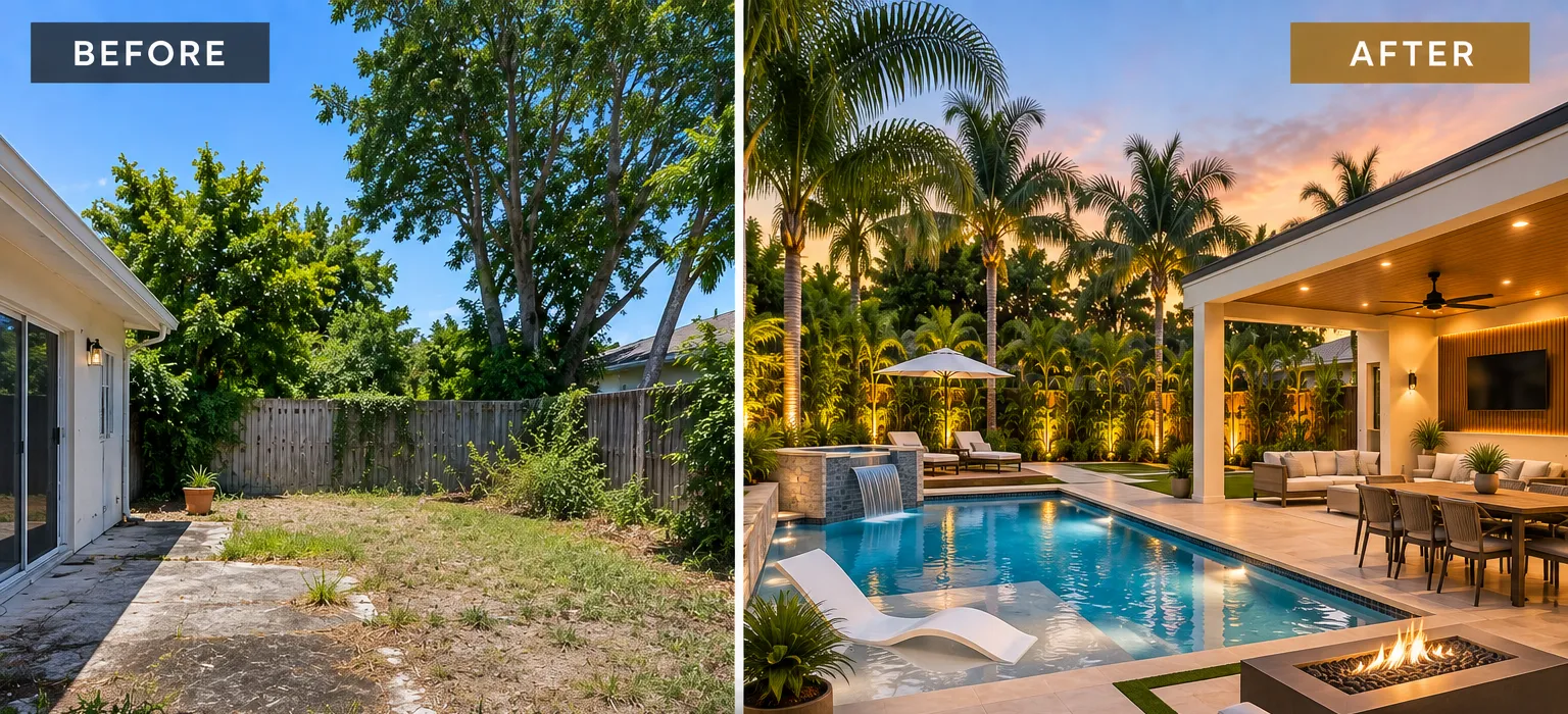 A backyard before and after: an overgrown yard on the left, a pool, covered terrace and fire pit on the right