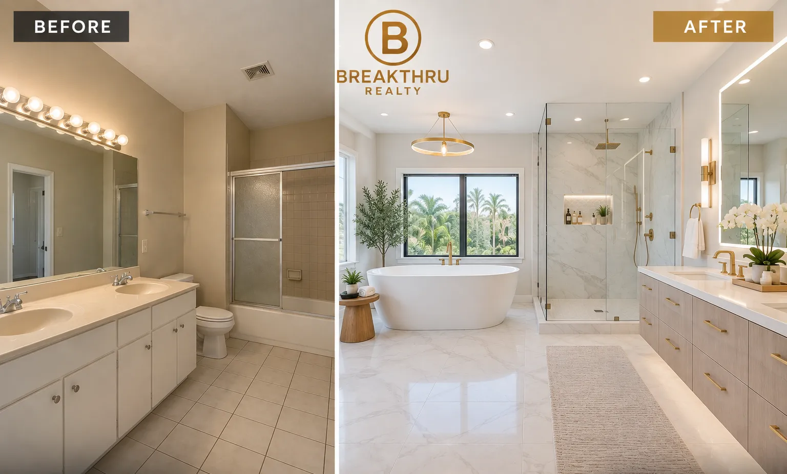 A bathroom before and after a remodel: a tub with sliding doors on the left, a freestanding tub and glass shower on the right