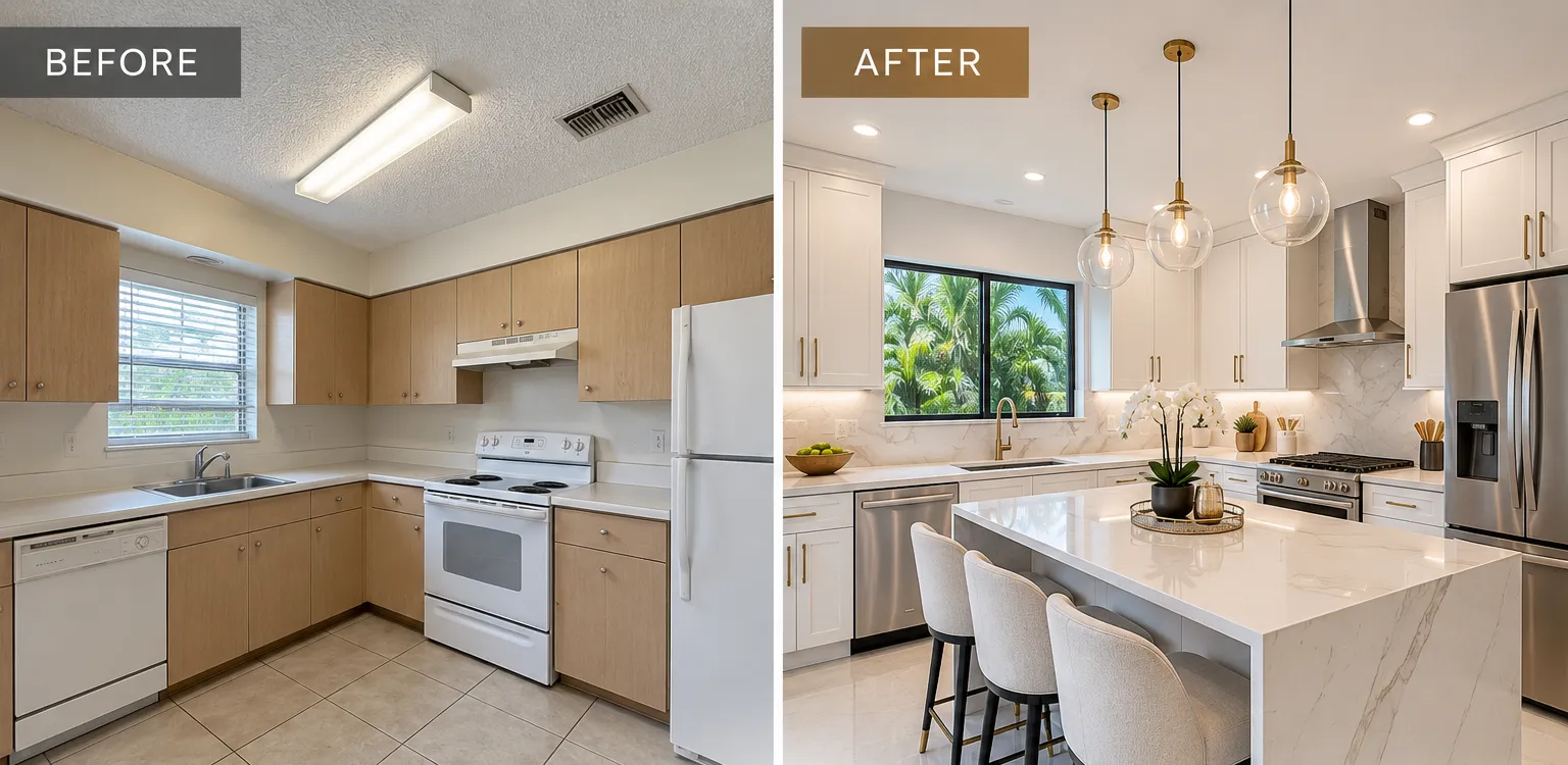 A kitchen before and after a remodel: dated cabinets and white appliances on the left, a bright kitchen with a stone island on the right