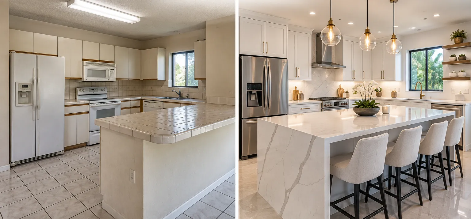 A kitchen before and after a renovation: a closed tile-counter kitchen on the left, an open kitchen with a waterfall island on the right