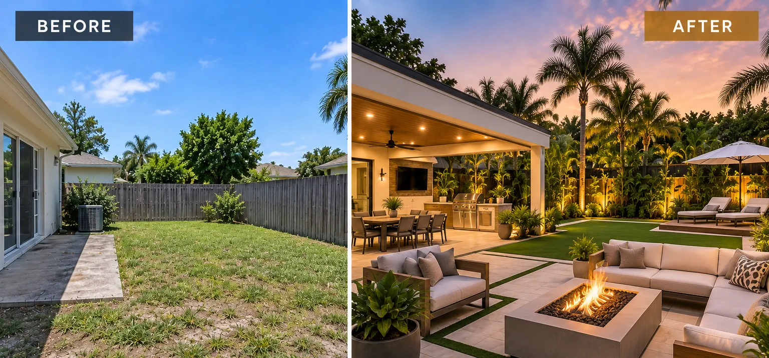 A backyard before and after: a bare lawn on the left, a covered outdoor room with a kitchen, seating and a fire pit on the right