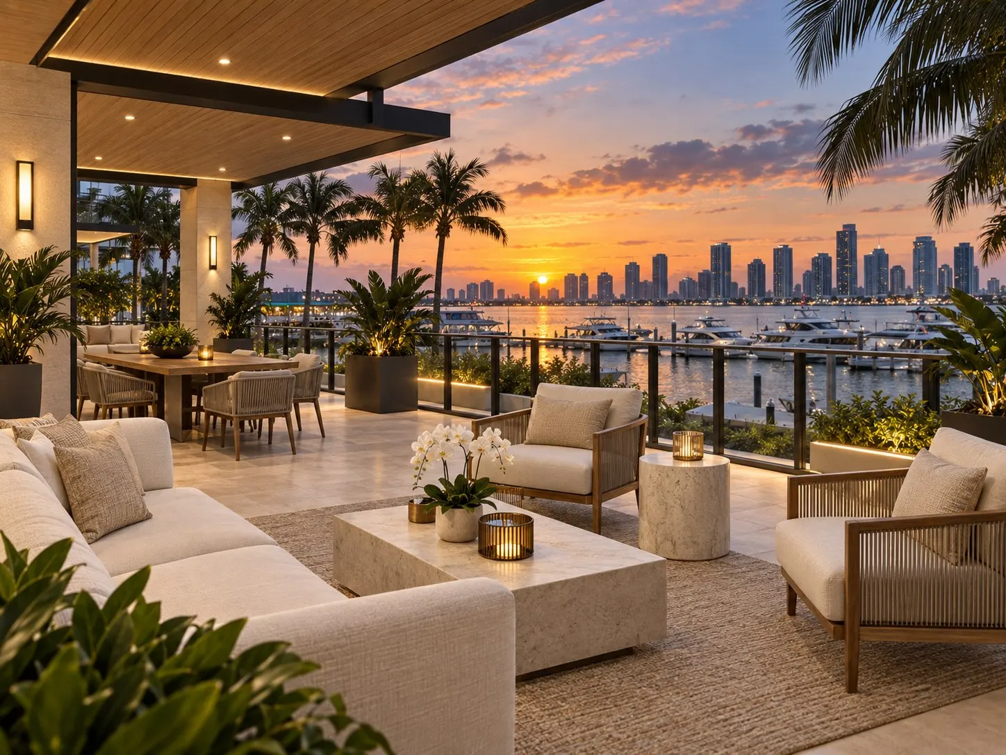 A quiet terrace overlooking a marina and the city skyline at sunset