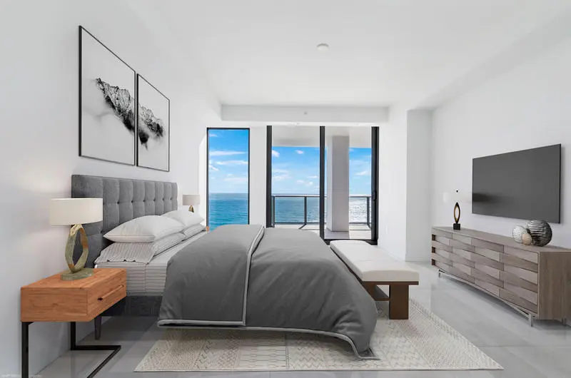 1002 Staged Master Bedroom Gray at 5000 N Ocean Drive 1002, Singer Island