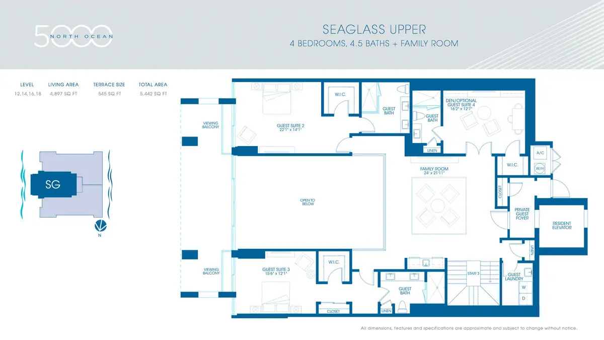 Seaglass Upper Level Floor Plan at 5000 N Ocean Drive 1702, Singer Island