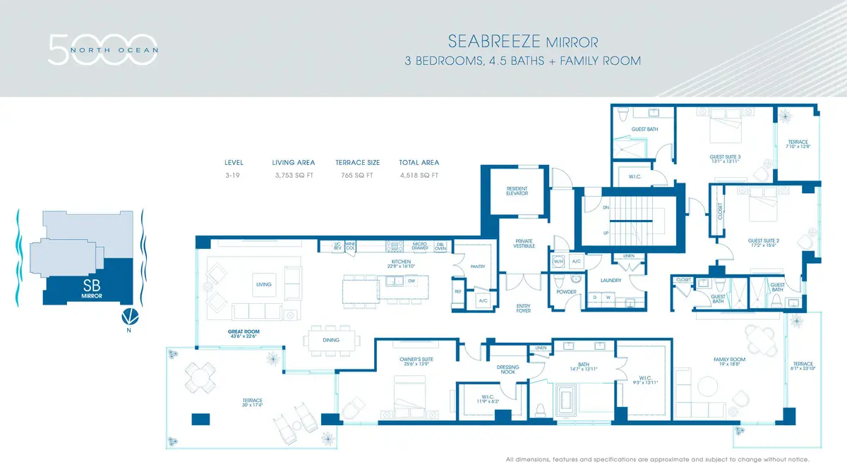Seabreeze Floorplan Mirrored at 5000 N Ocean Drive 1801, Singer Island