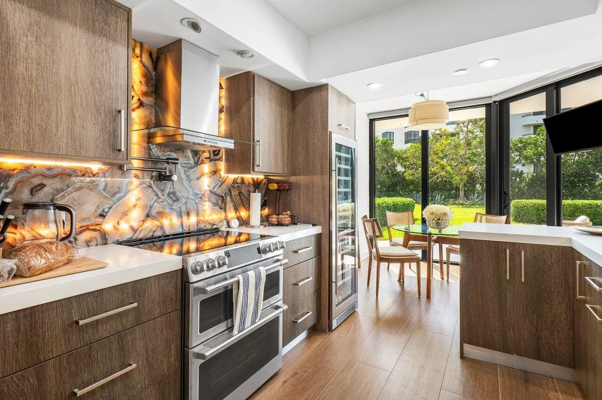 Kitchen with Back Lit Onyx at 3100 S Ocean Boulevard 105s, Palm Beach