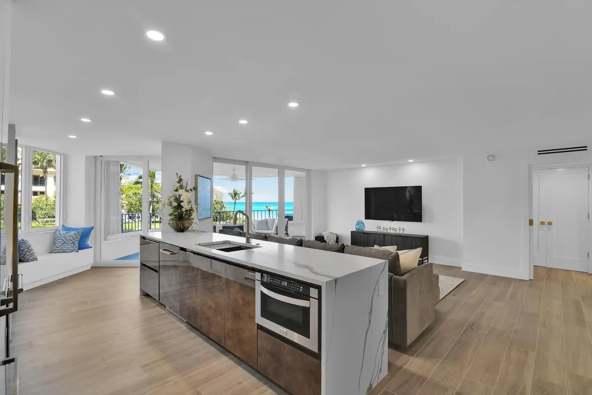 Kitchen Quartzite waterfall Island at 500 S Ocean Boulevard 303, Boca Raton