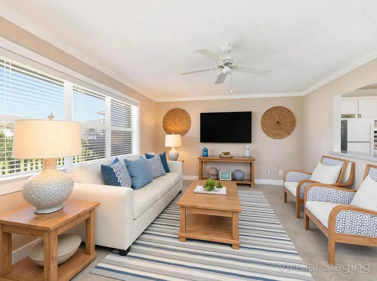 Virtually staged Living room at 530 Horizons E 205, Boynton Beach