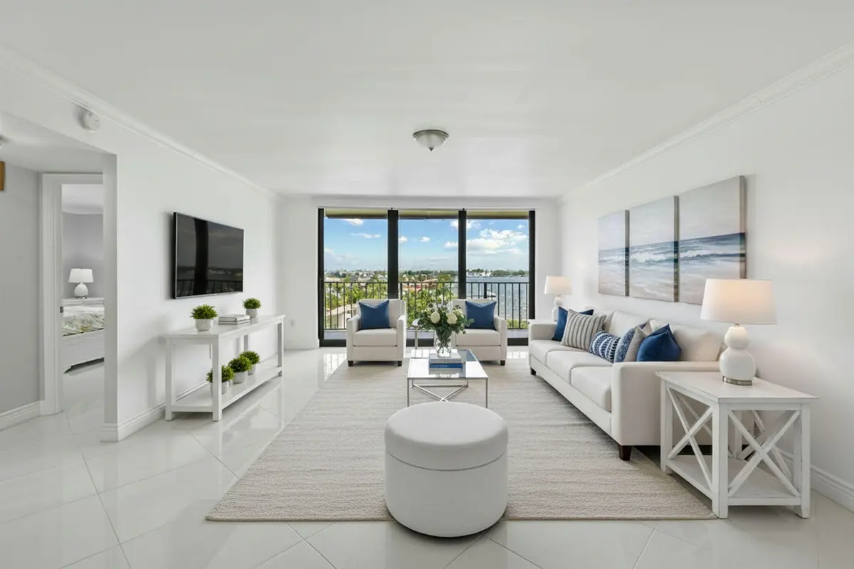 living room virtually staged photo at 3460 S Ocean Boulevard 510, Palm Beach