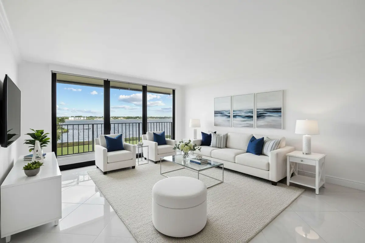 living room virtually staged at 3460 S Ocean Boulevard 510, Palm Beach