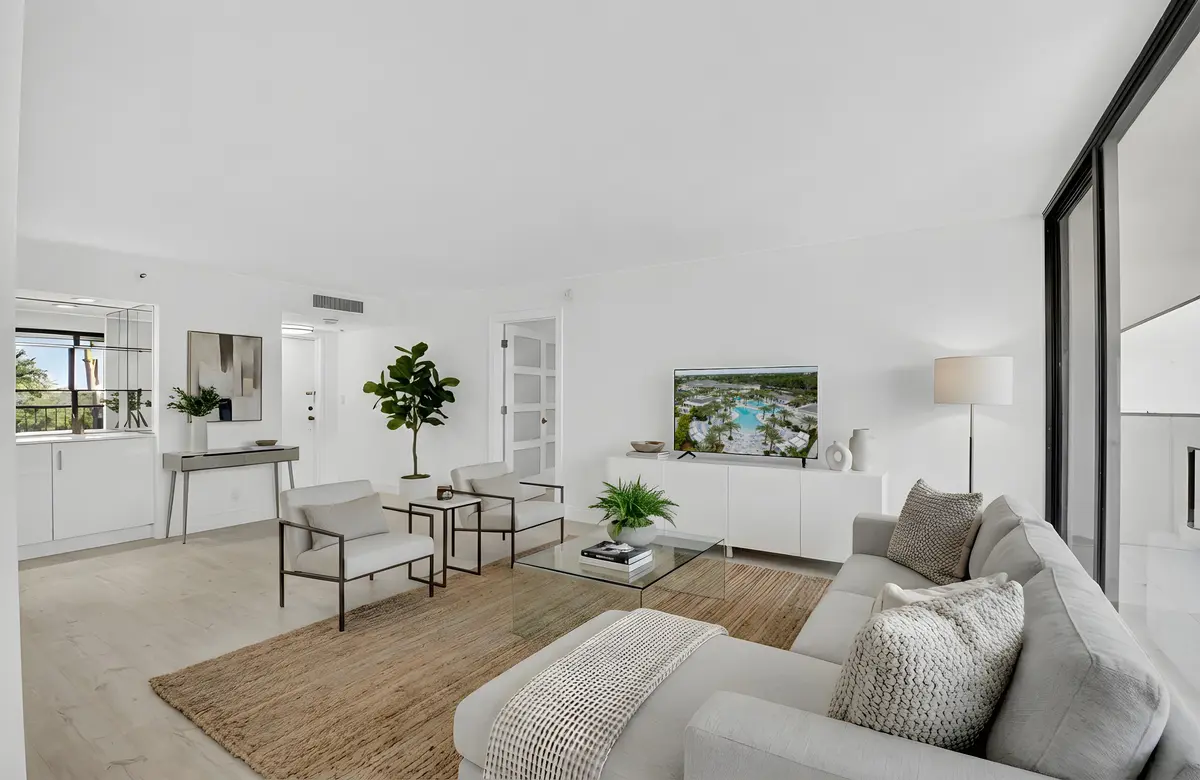 living-room-staged-tv at 7738 Lakeside Boulevard 352, Boca Raton