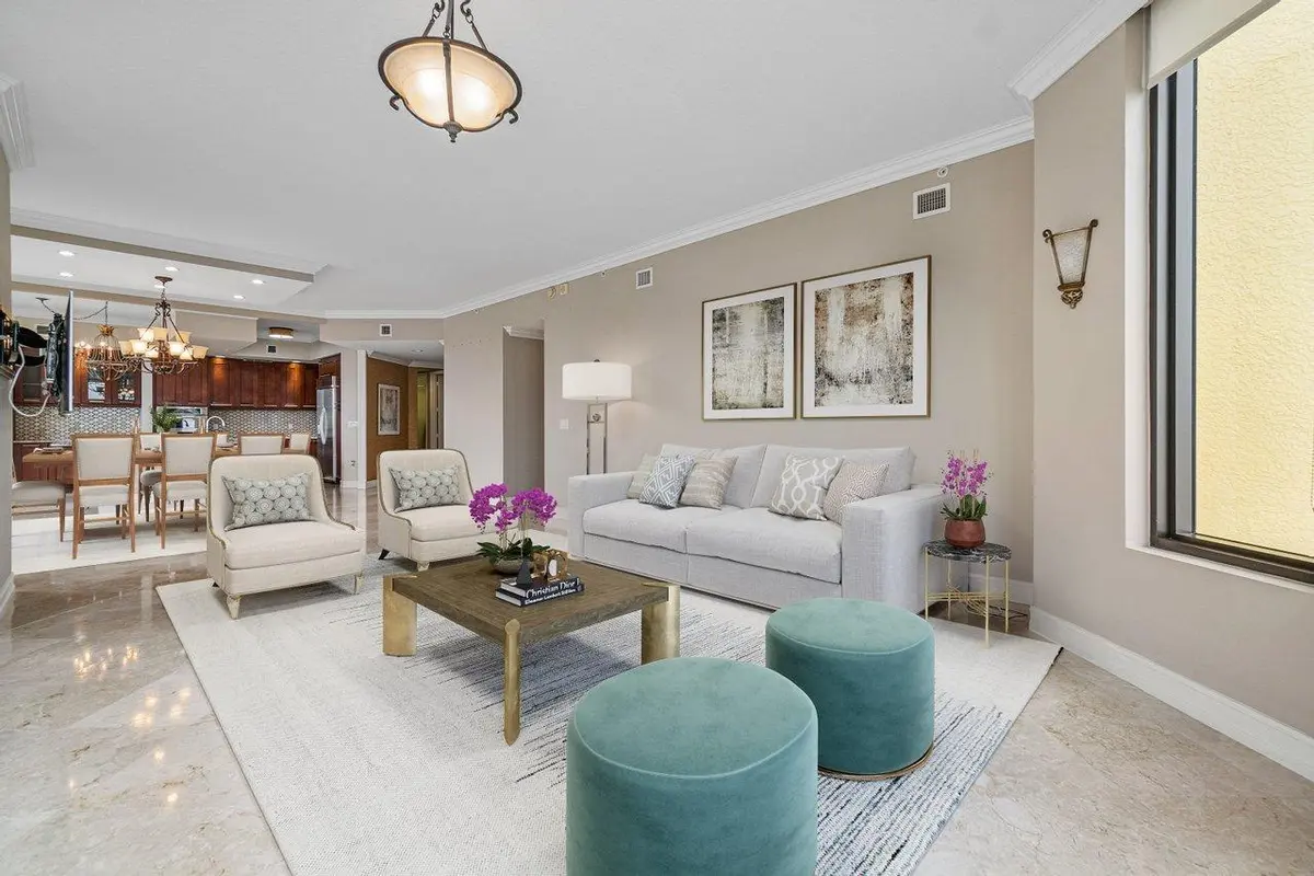 Living Room Staged Small Web Usage at 701 S Olive Avenue 1712, West Palm Beach