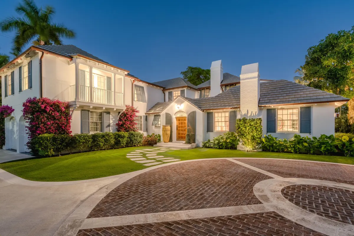 Twilight front exposure at 239 Emerald Lane, Palm Beach