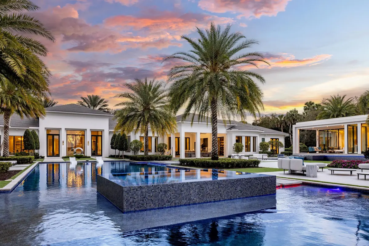 Twilight pool at 16191 Quiet Vista Circle, Delray Beach