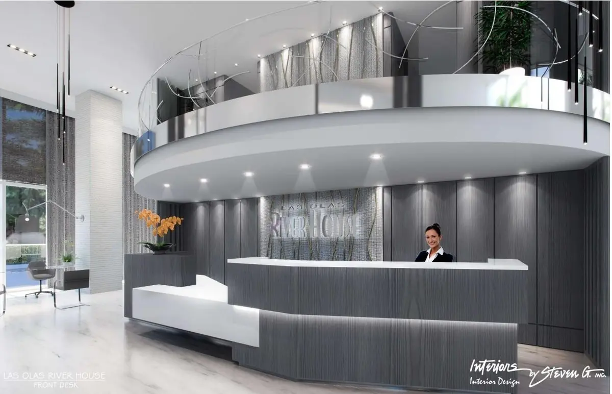Lobby Reception Desk Area at 333 Las Olas Way 1009, Fort Lauderdale