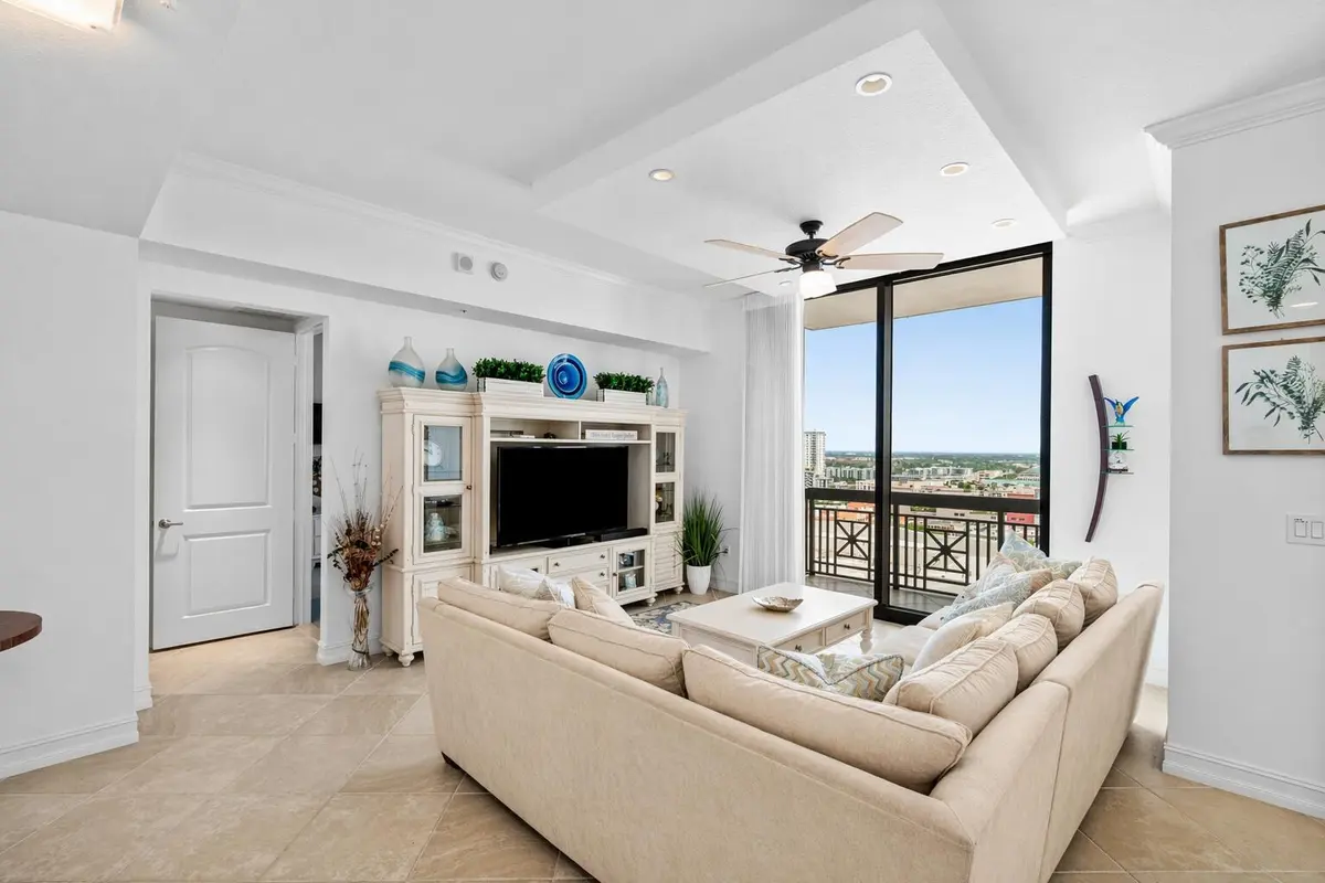 Living Room w/ City Sunset Views at 701 S Olive Avenue 1718, West Palm Beach