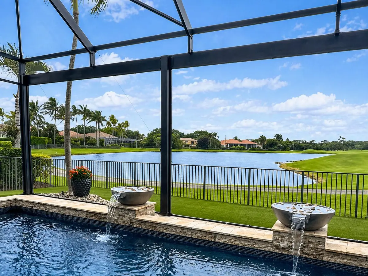 View of 17th hole and lake at 7676 Ironhorse Boulevard, West Palm Beach