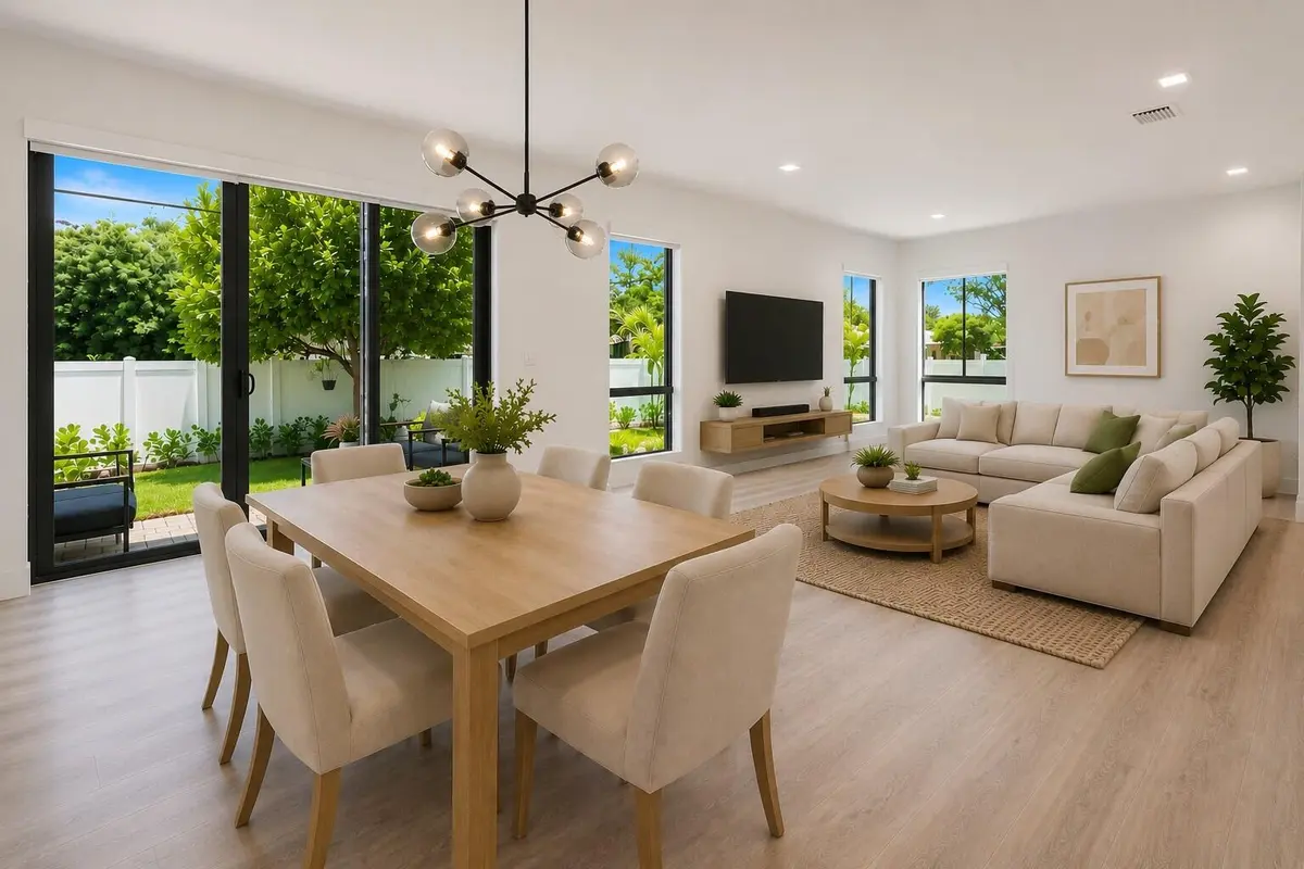 virtually staged Living room w sectional at 341 SW 16th Court, Fort Lauderdale