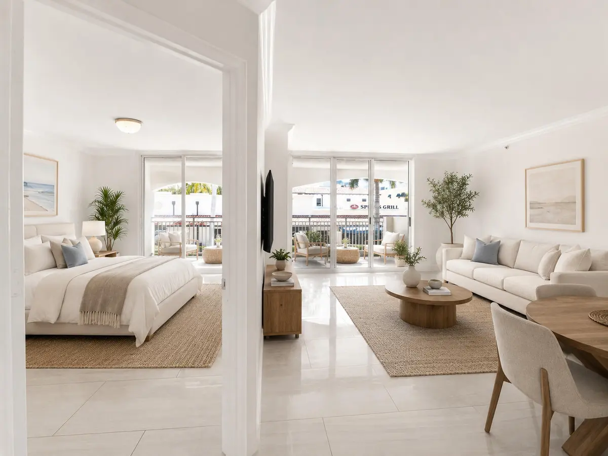 Virtually staged Bedroom / Living Room at 99 SE Mizner Boulevard 223, Boca Raton