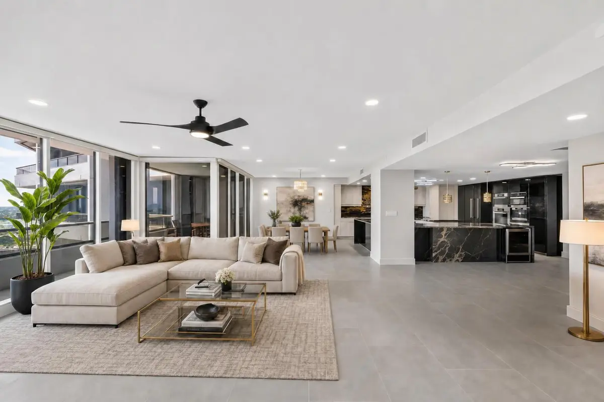 Living and Dining Space Virtually Staged at 100 Lakeshore Drive 1755, North Palm Beach