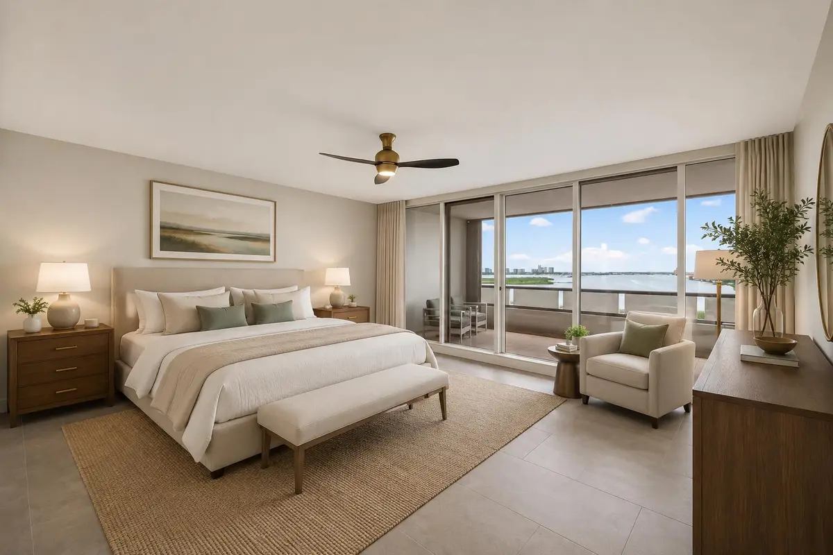 Primary Bedroom Virtually Staged at 100 Lakeshore Drive 1755, North Palm Beach