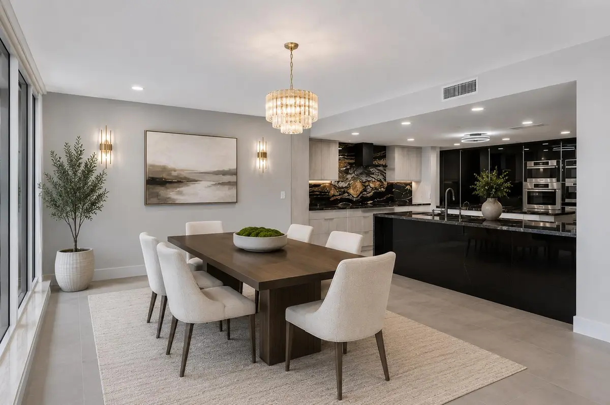 Dining Room Virtually Staged at 100 Lakeshore Drive 1755, North Palm Beach