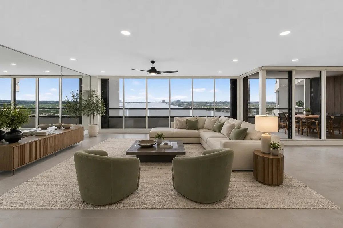 Living Room Virtually Staged at 100 Lakeshore Drive 1755, North Palm Beach
